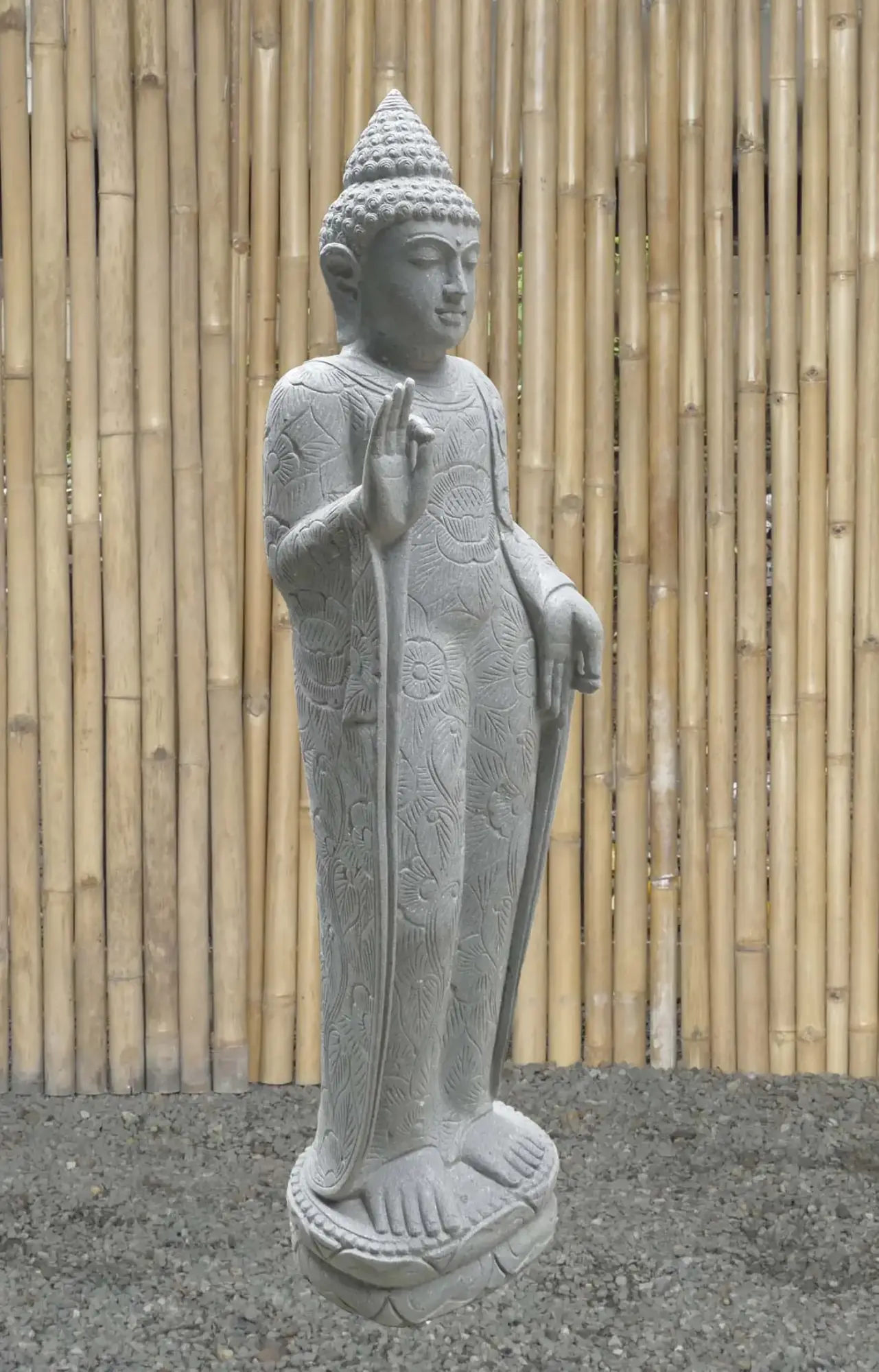  Product image 4 of the product “Standing Buddha with floral carving, Abudaya position. 40 x 28 x 152cm. Natural stone (river stone), stonemasonry ”